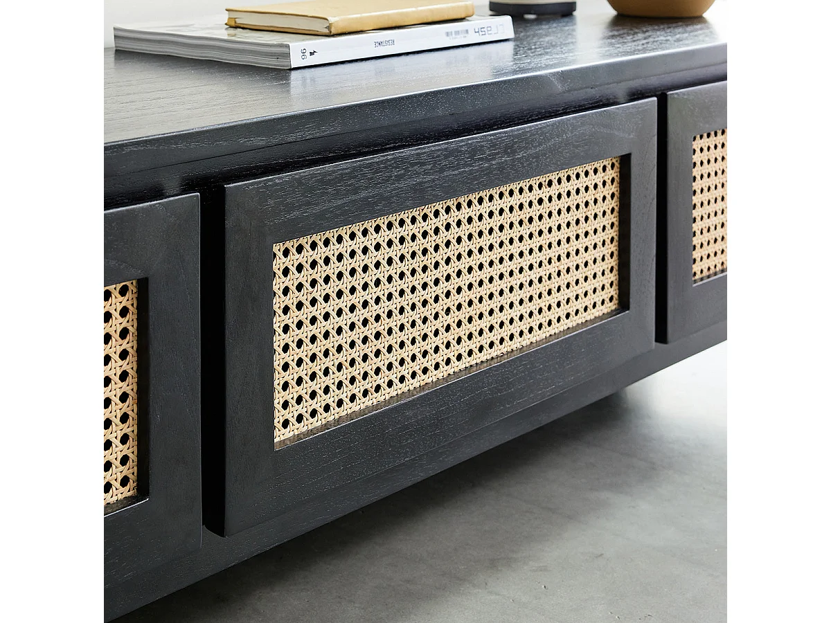 Mueble de TV de mindi macizo y rejilla 3 puertas 160 cm negro