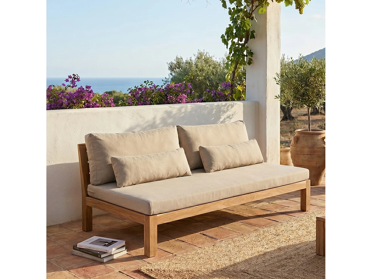 Canapé de jardin en teck massif et tissu Taupe TOUQUET