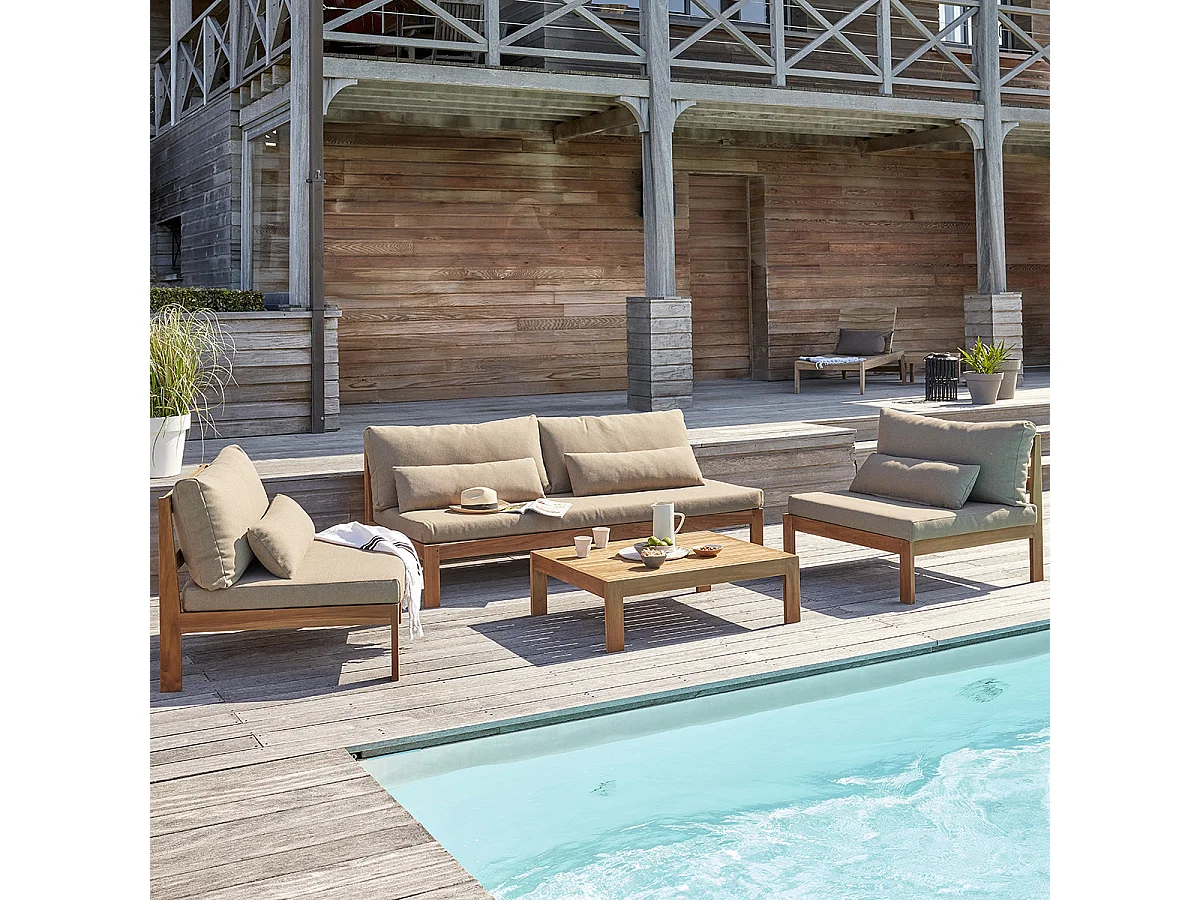 Canapé de jardin en teck massif et tissu Taupe TOUQUET