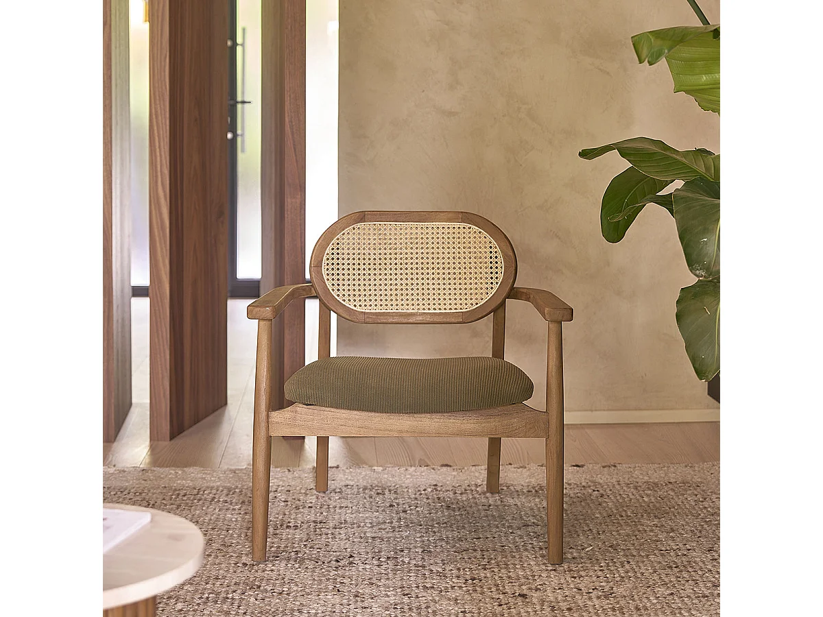Fauteuil en teck massif, cannage et tissu velours côtelé