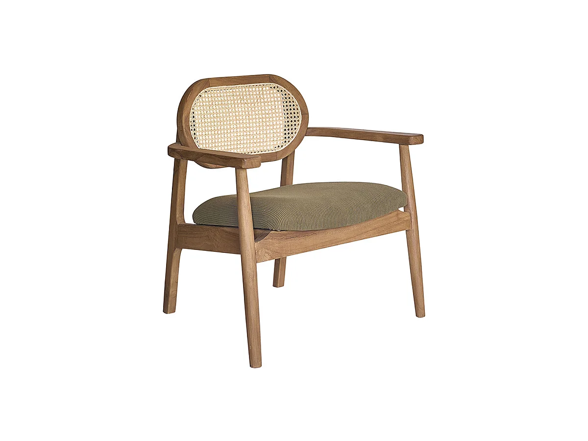 Poltrona in teak massello, cannage e tessuto di velluto a coste kaki