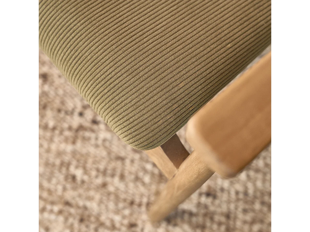 Poltrona in teak massello, cannage e tessuto di velluto a coste kaki