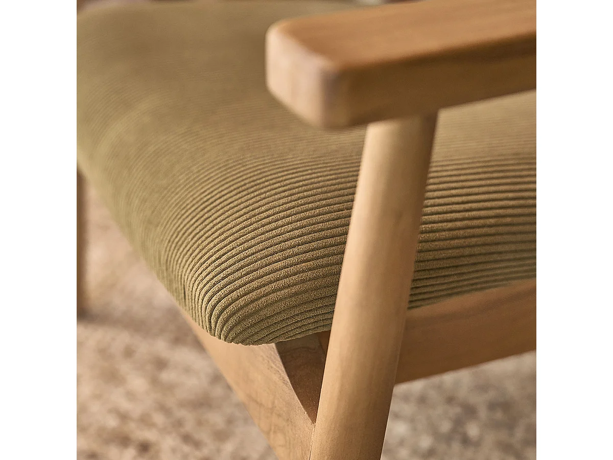 Poltrona in teak massello, cannage e tessuto di velluto a coste kaki