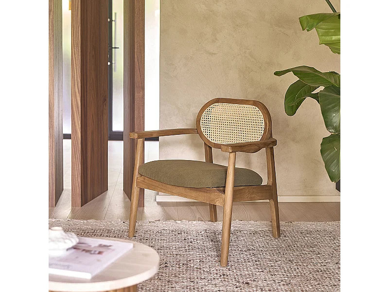 Fauteuil en teck massif, cannage et tissu velours côtelé
