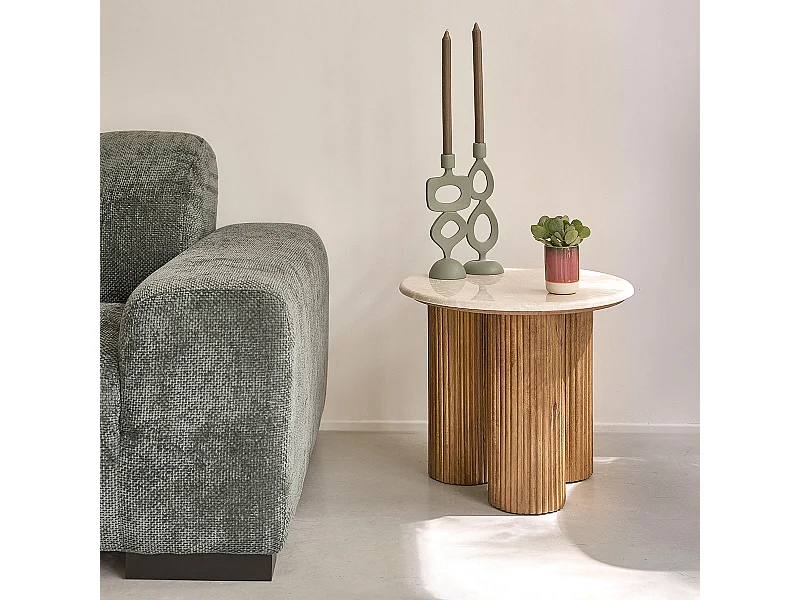 Tavolino d’appoggio in legno di mango e marmo rotondo