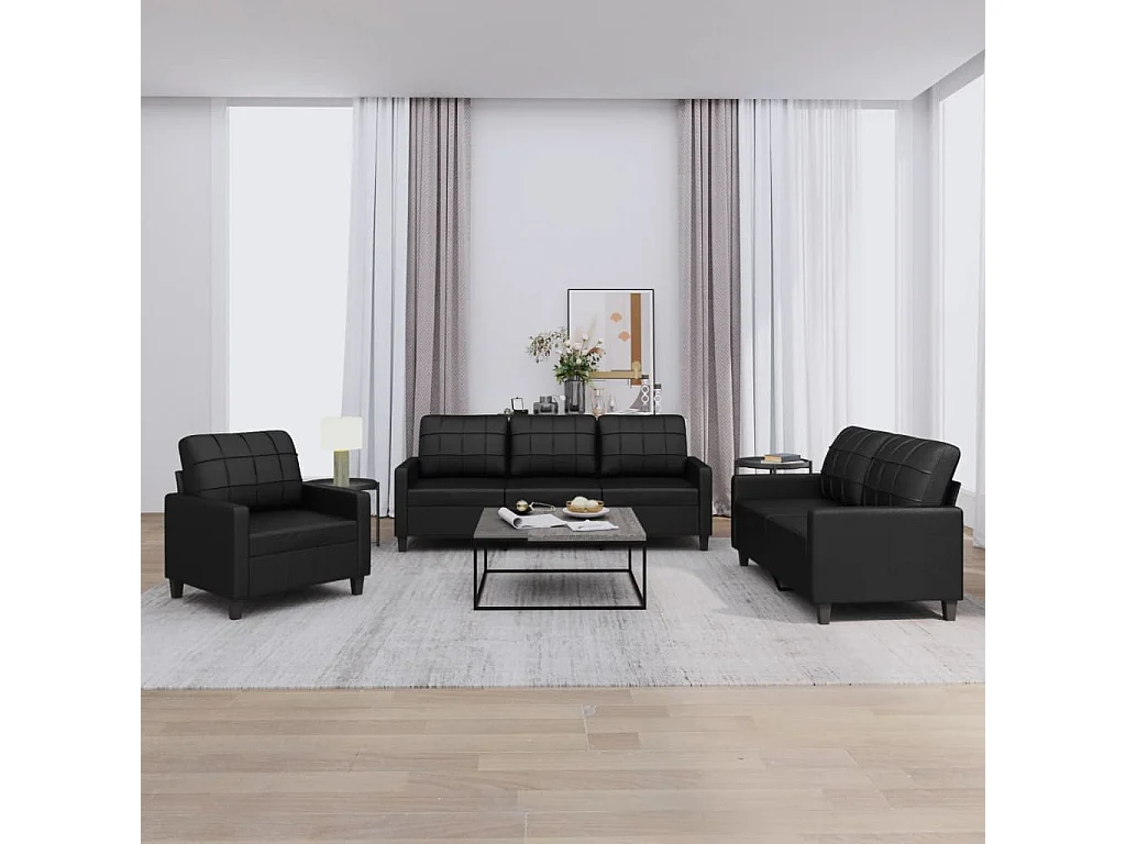 3-delige Loungeset met kussens kunstleer zwart