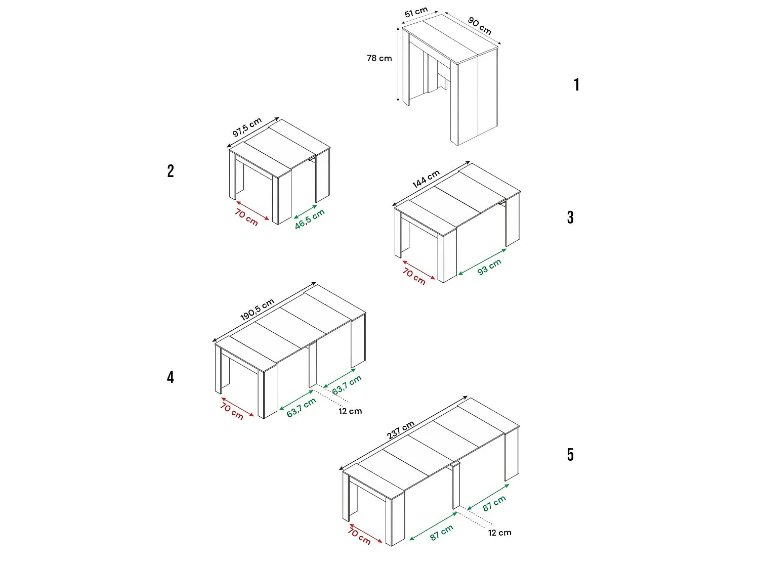 Console Diluna, Table à manger extensible, Table avec rallonges polyvalentes extensible jusqu'à 10 places, 51/237x90h78 cm, Ciment