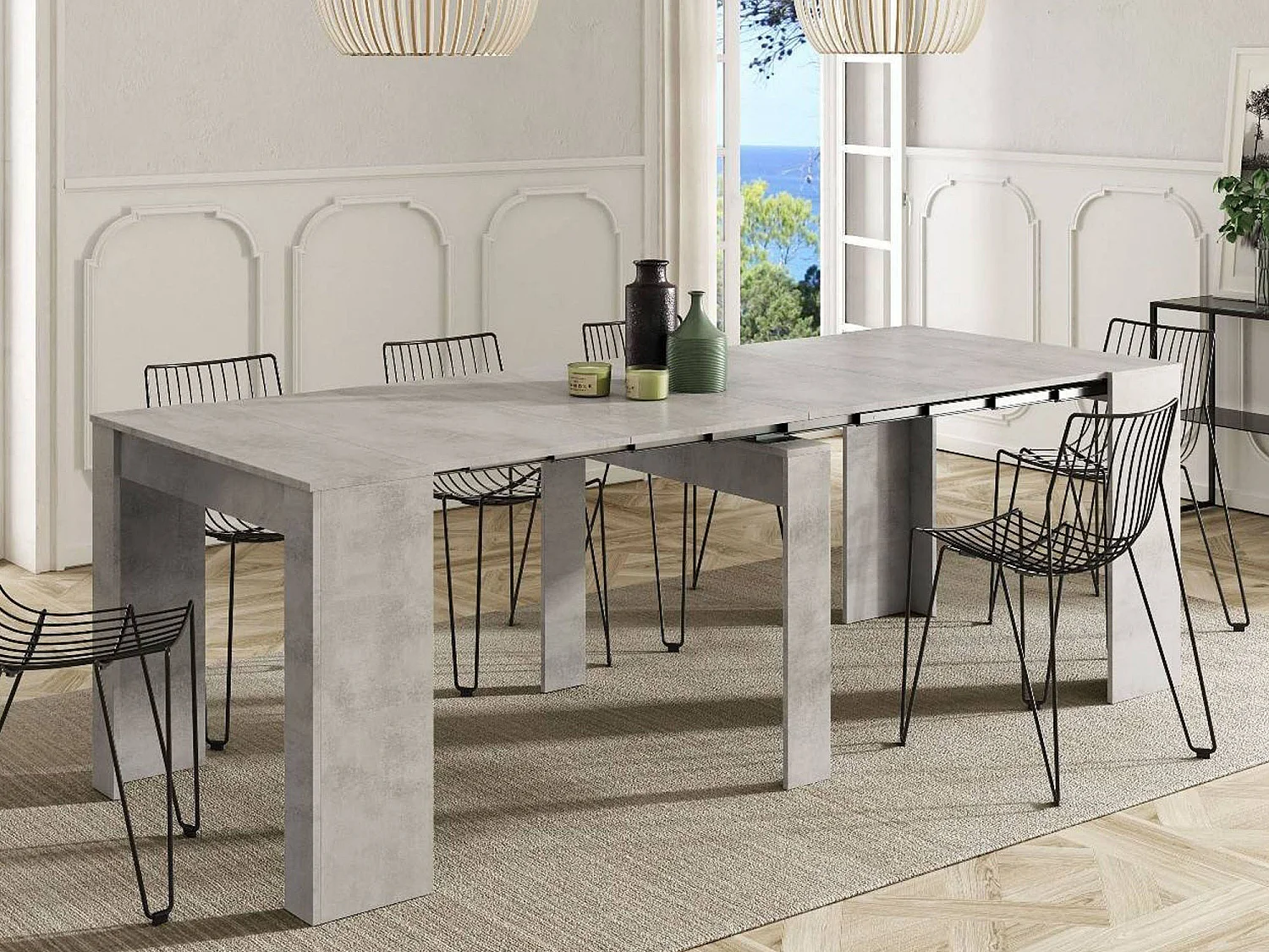 Console Diluna, Table à manger extensible, Table avec rallonges polyvalentes extensible jusqu'à 10 places, 51/237x90h78 cm, Ciment