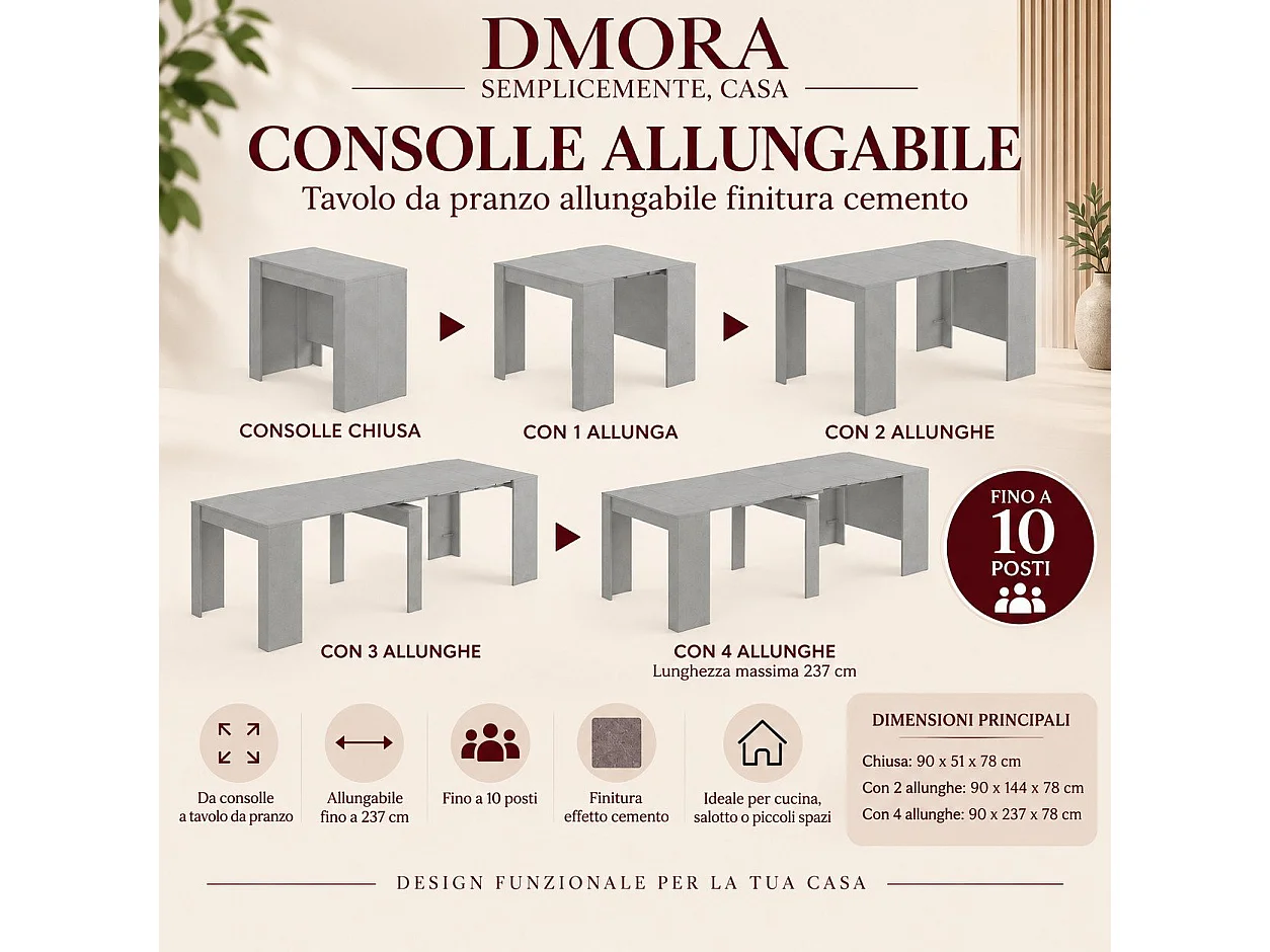 Console Diluna, Table à manger extensible, Table avec rallonges polyvalentes extensible jusqu'à 10 places, 51/237x90h78 cm, Ciment