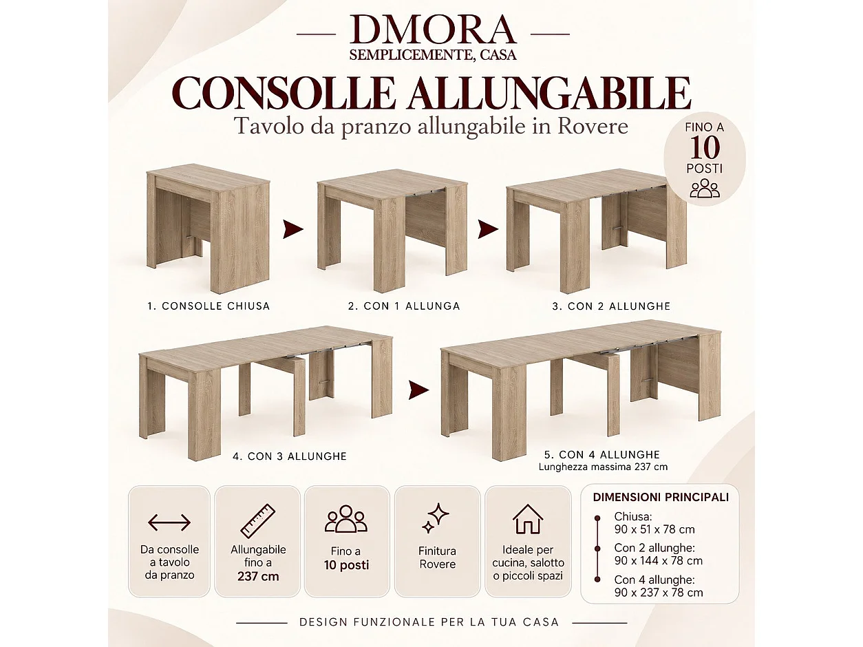 Console Diluna, Table à manger extensible, Table avec rallonges polyvalentes extensible jusqu'à 10 places, 51/237x90h78 cm, Chêne