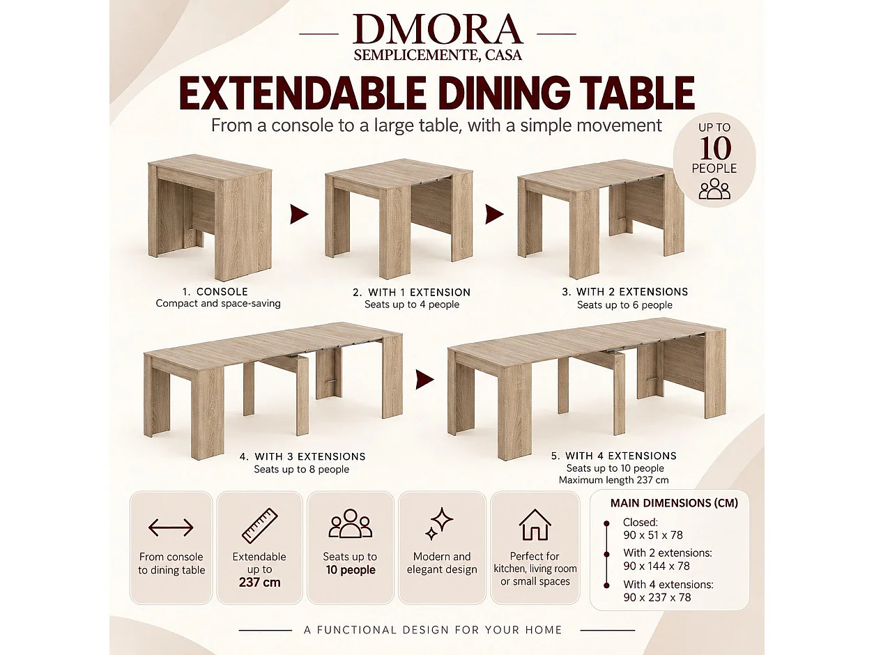Consola Diluna, Mesa de jantar extensível, Mesa com extensões multiusos extensíveis até 10 lugares, 51/237x90h78 cm, Carvalho