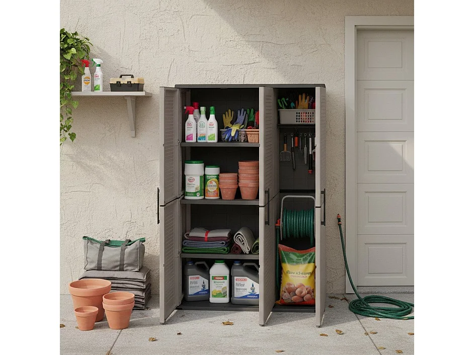 Armoire extérieure ou intérieure, 3 portes et 3 niveaux en polypropylène ajustables, 100% fabriqués en Itala, 102x37h163 cm, couleur grise