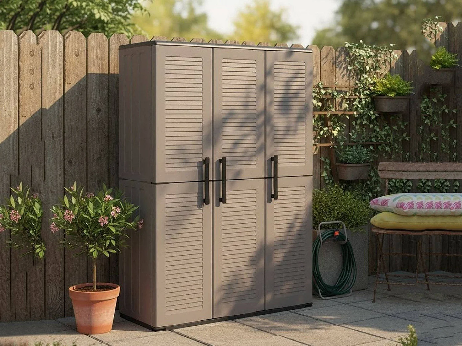 Armoire extérieure ou intérieure, 3 portes et 3 niveaux en polypropylène ajustables, 100% fabriqués en Itala, 102x37h163 cm, couleur grise