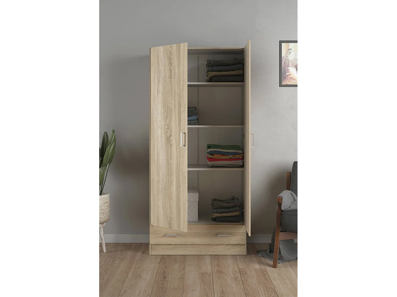 Kleiderschrank 2 Türen Dsban, Schlafzimmermöbel, Schrank, Garderobe, 79x36 h170 cm, Eiche