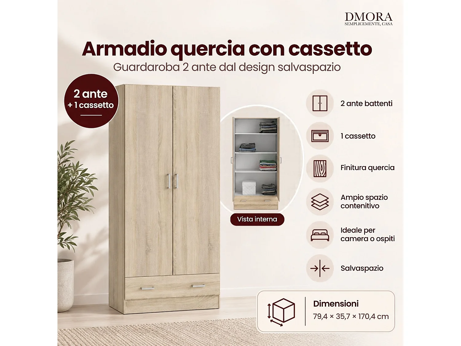 Garde-robe 2 portes Dsban, Meubles de chambre, Penderie de plain-pied, Placard à vêtements, 79x36 h170 cm, Chêne