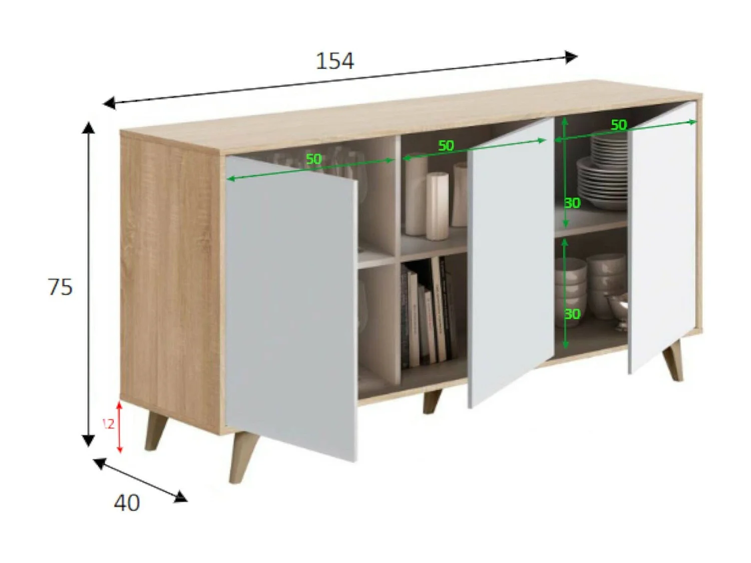 Buffet Dabello, Buffet de cuisine, Armoire design de salon, Buffet moderne avec 3 portes et étagères, 154x40h75 cm, Chêne et Blanc