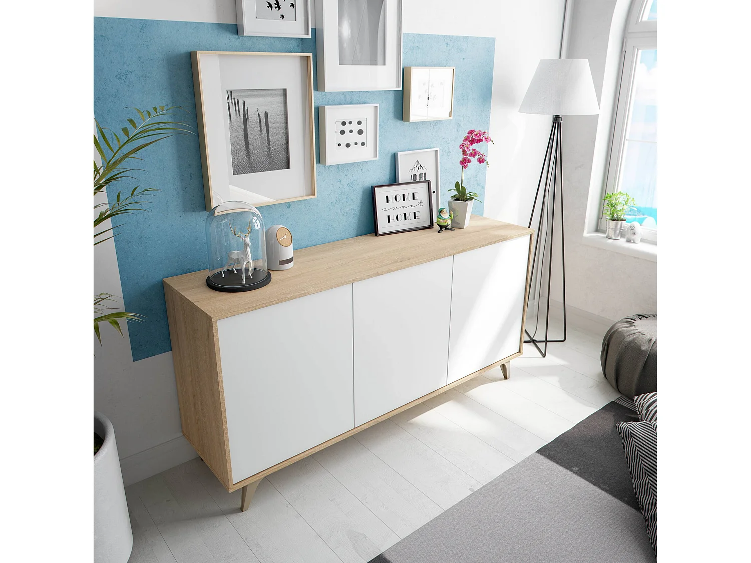 Buffet Dabello, Buffet de cuisine, Armoire design de salon, Buffet moderne avec 3 portes et étagères, 154x40h75 cm, Chêne et Blanc