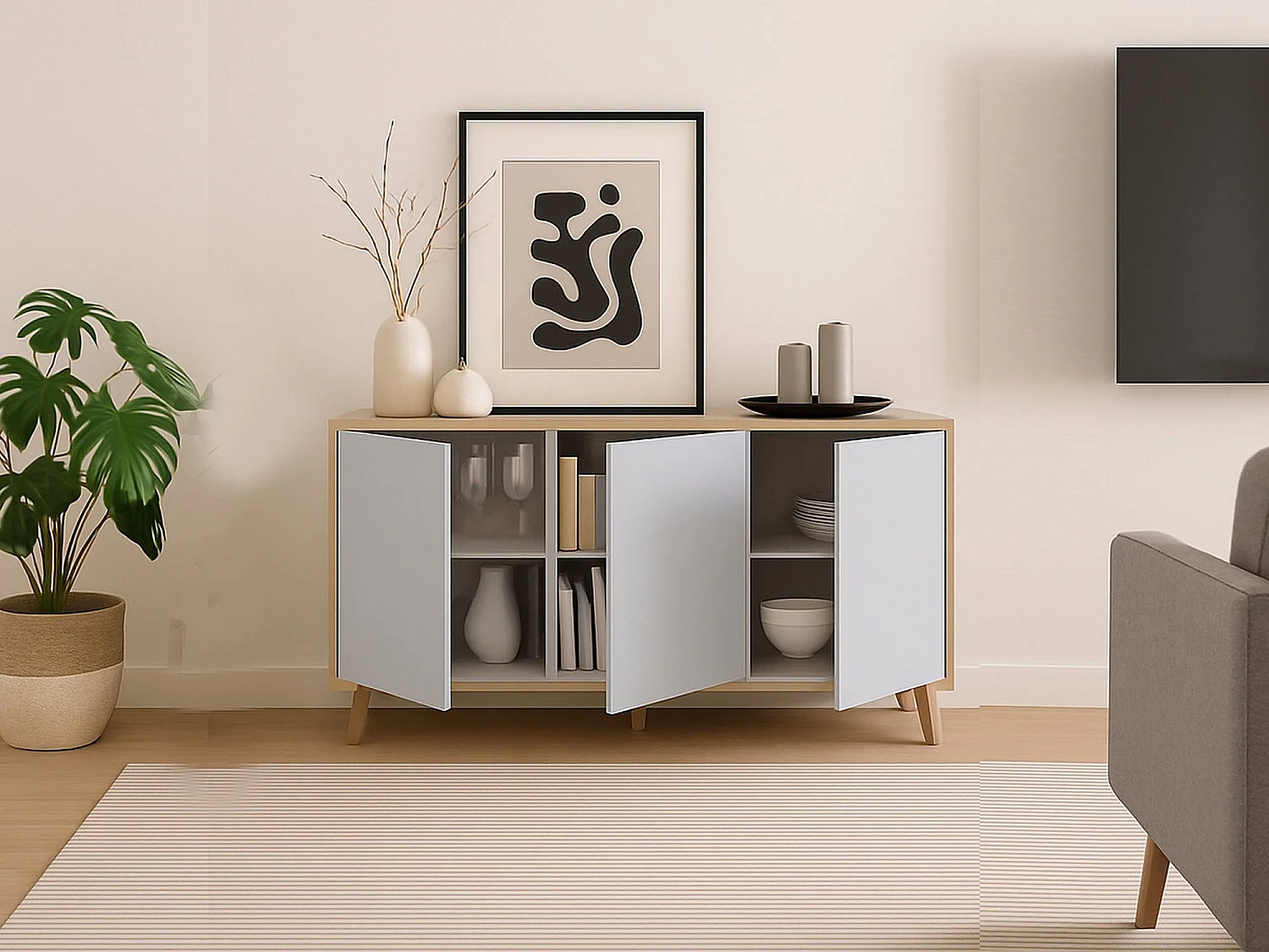 Aparador Dabello, Aparador moderno com 3 portas e prateleiras, Buffet de cozinha, Buffet de sala de estar, 154x40h75 cm, Carvalho e Branco