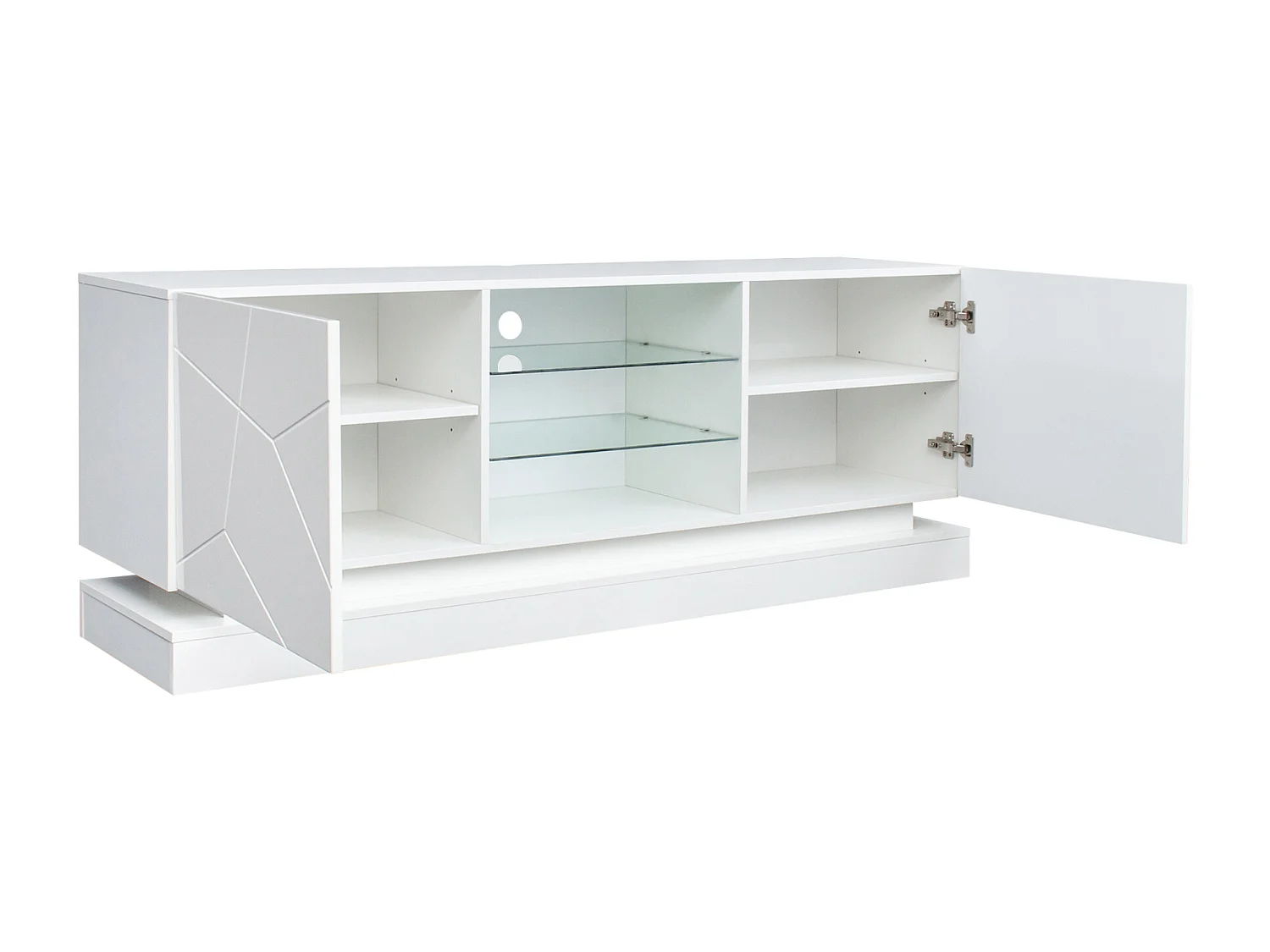 Meuble TV LED 160x38.5x60 cm 2 portes meuble de rangement en bois - étagères vitrées réglables - blanc