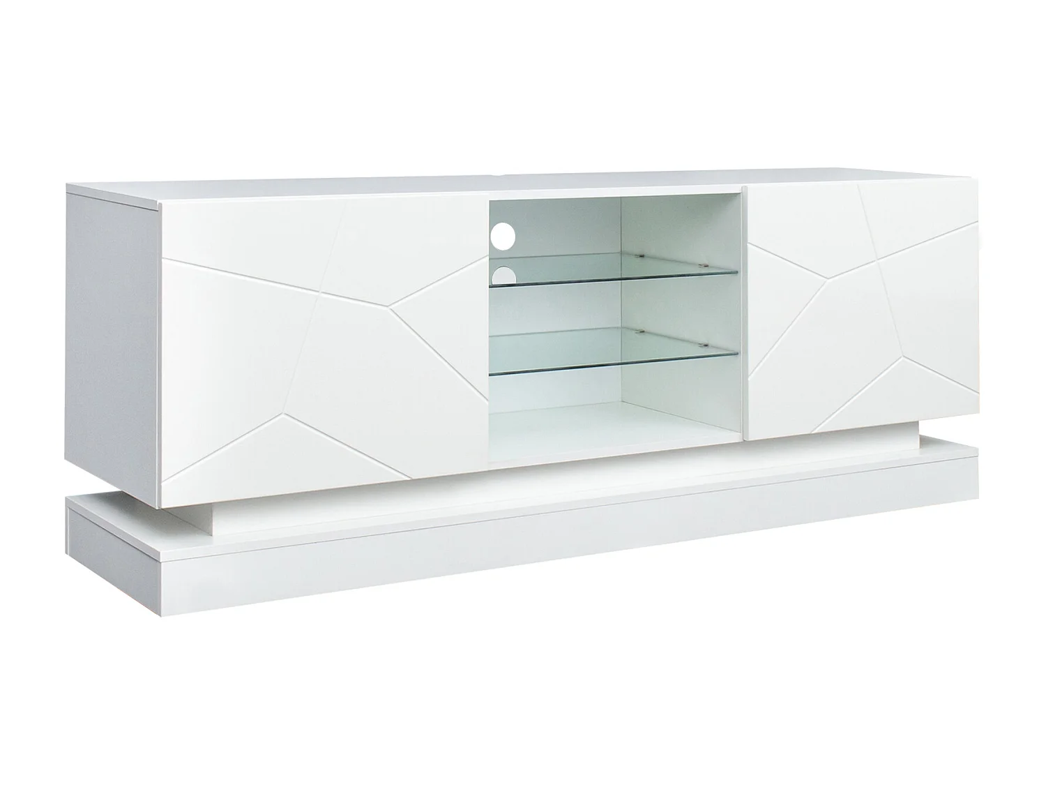 Meuble TV LED 160x38.5x60 cm 2 portes meuble de rangement en bois - étagères vitrées réglables - blanc