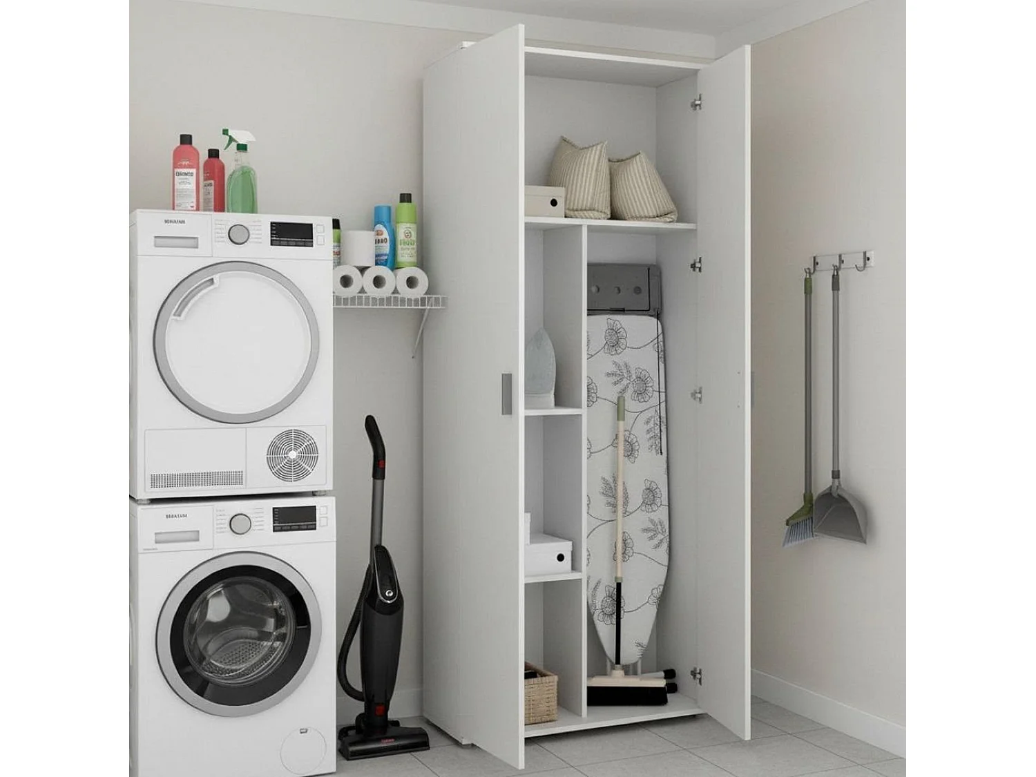 Dmora Armadio Multiuso 2 Ante Forcola 35x190h cm Bianco 3 Ripiani Portascope, Apertura Battente