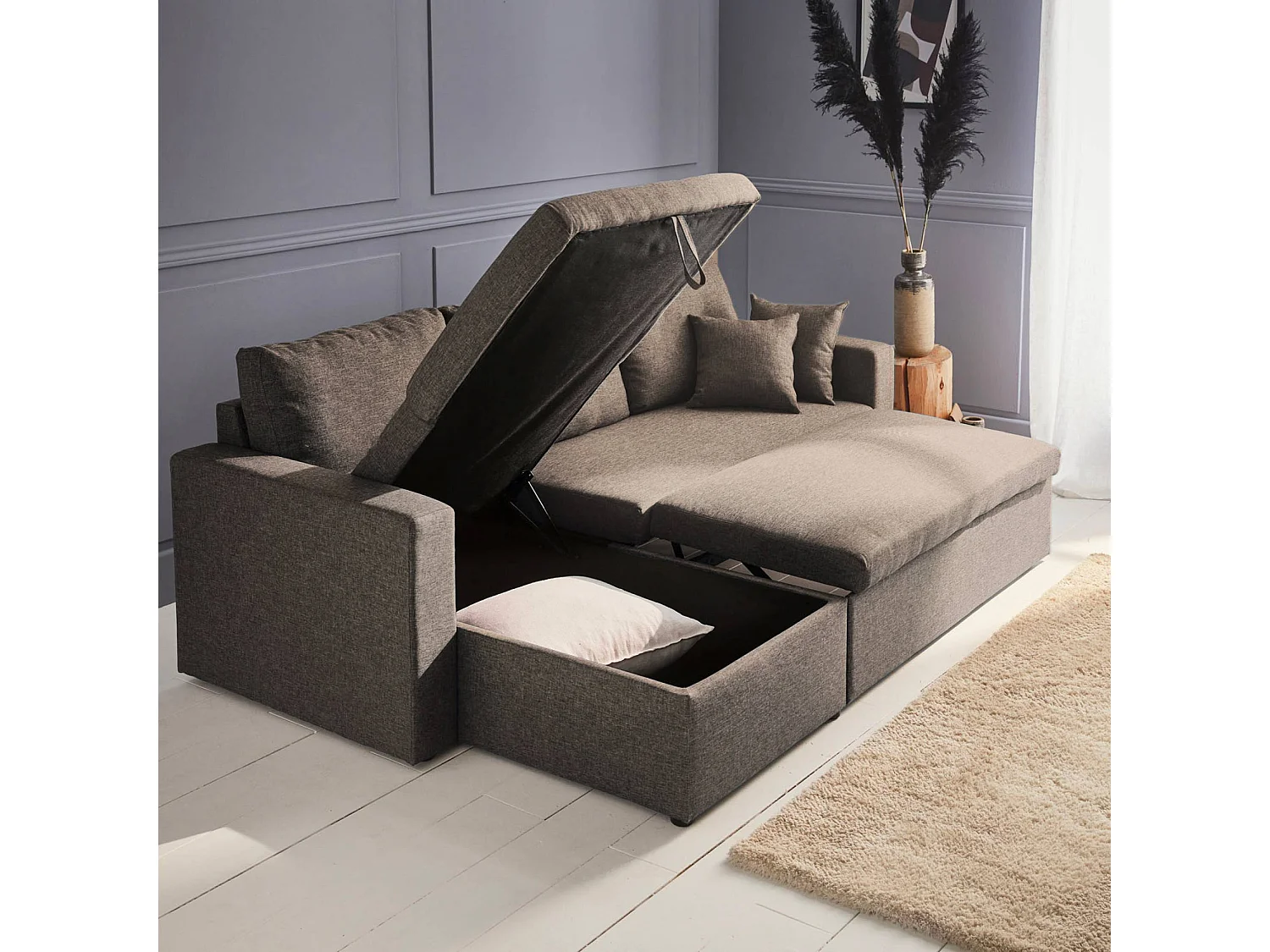 Canapé d'angle convertible en tissu marron - IDA - 3 places. fauteuil d'angle réversible coffre rangement lit modulable