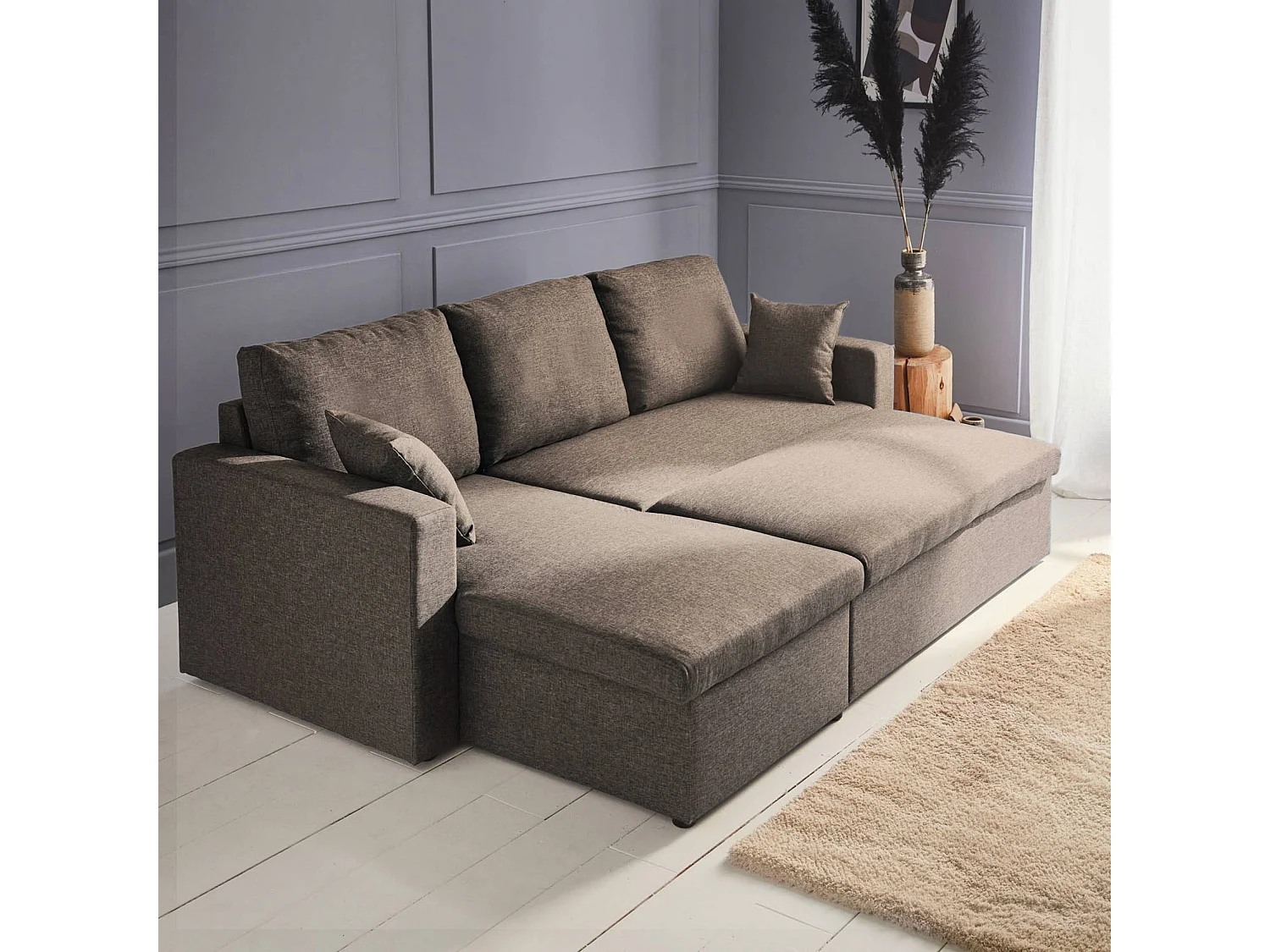 Canapé d'angle convertible en tissu marron - IDA - 3 places. fauteuil d'angle réversible coffre rangement lit modulable