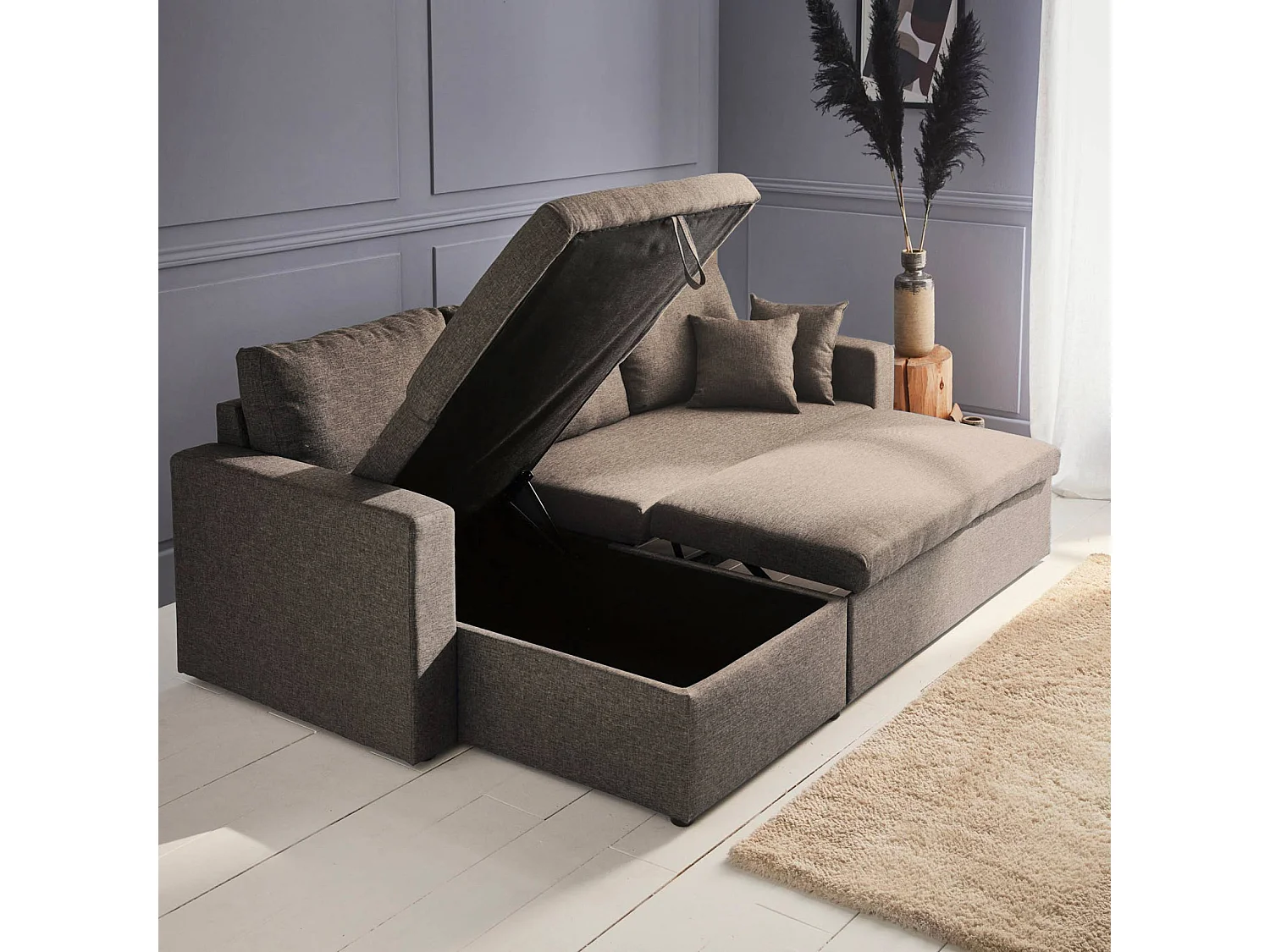 Canapé d'angle convertible en tissu marron - IDA - 3 places. fauteuil d'angle réversible coffre rangement lit modulable