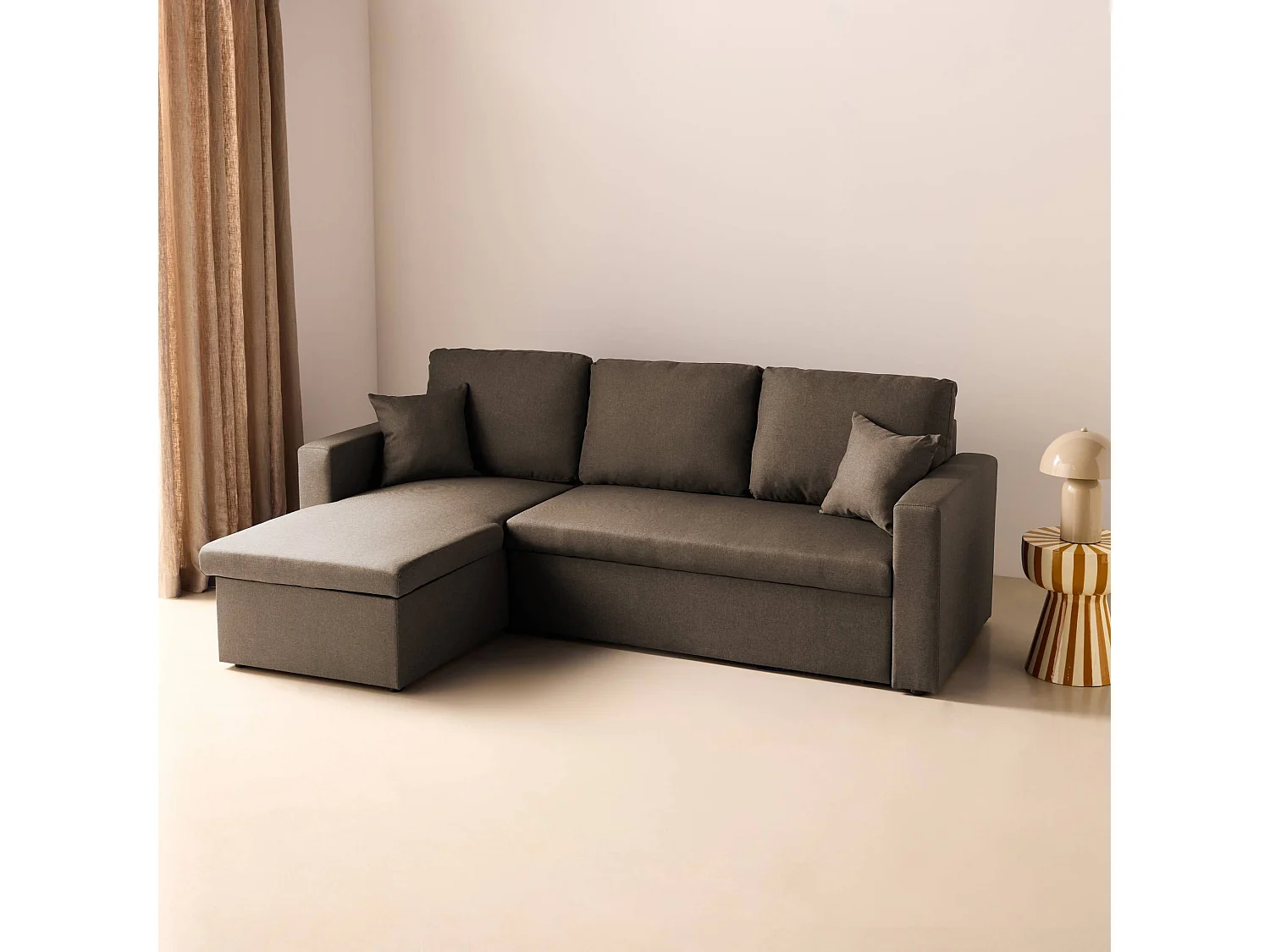 Canapé d'angle convertible en tissu marron - IDA - 3 places. fauteuil d'angle réversible coffre rangement lit modulable