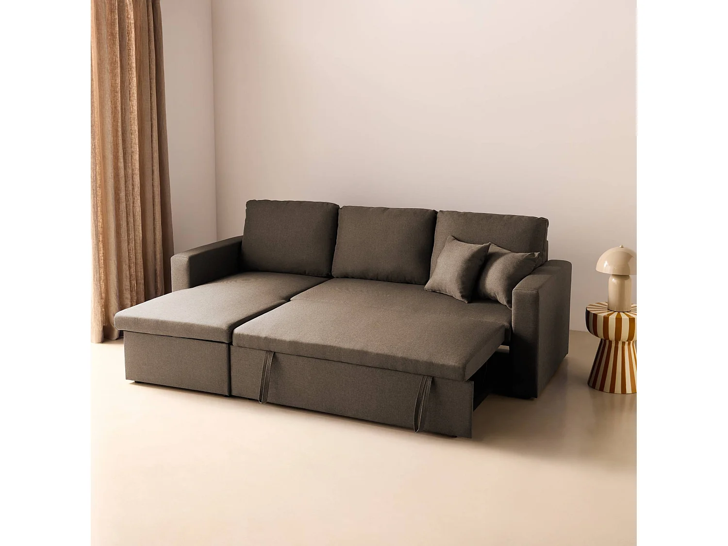 Canapé d'angle convertible en tissu marron - IDA - 3 places. fauteuil d'angle réversible coffre rangement lit modulable