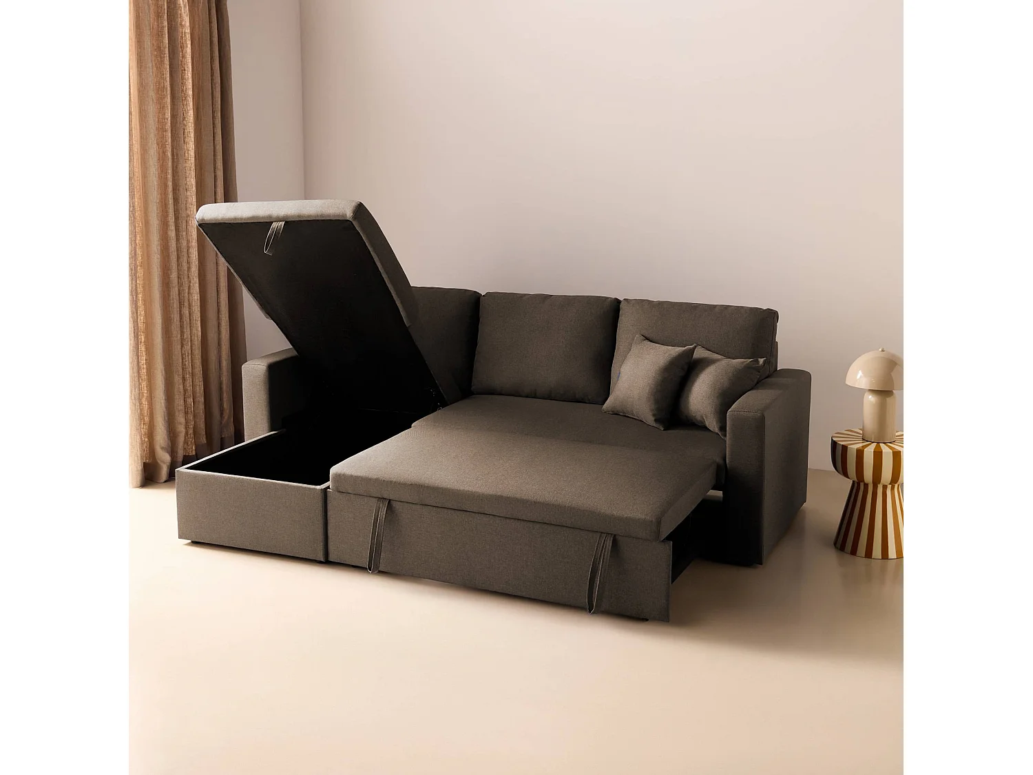 Canapé d'angle convertible en tissu marron - IDA - 3 places. fauteuil d'angle réversible coffre rangement lit modulable