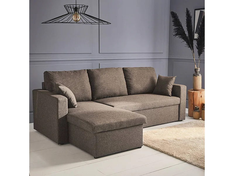 Canapé d'angle convertible en tissu marron - IDA - 3 places. fauteuil d'angle réversible coffre rangement lit modulable
