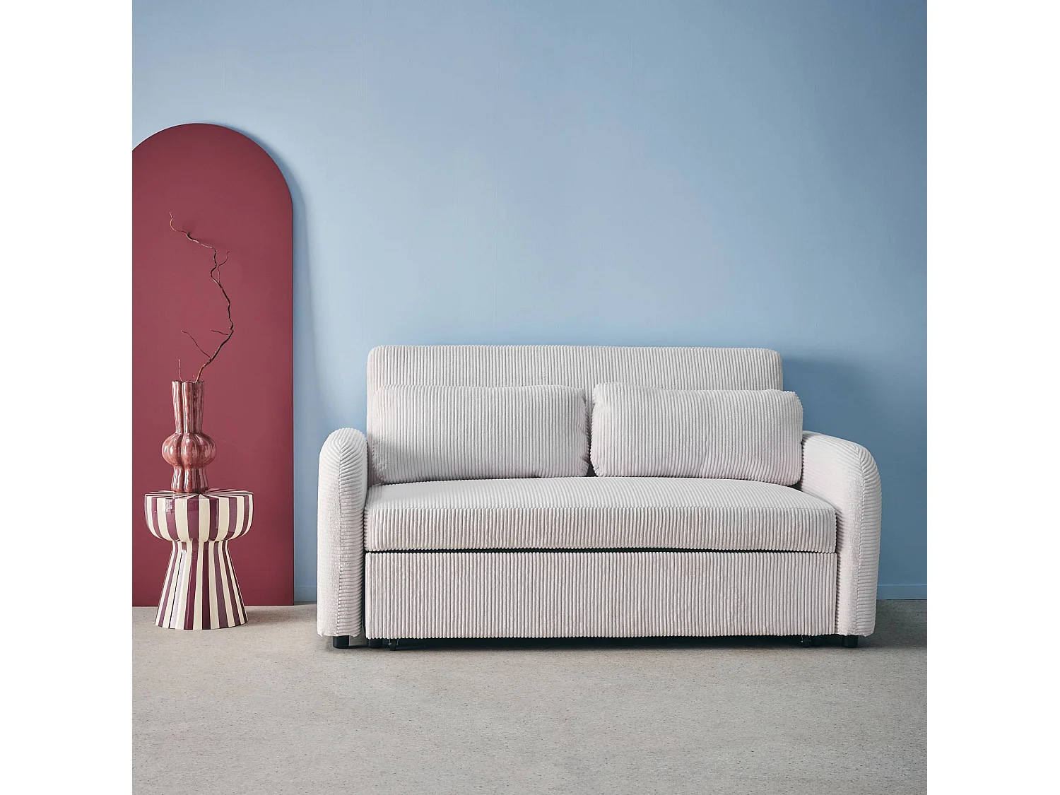 Canapé convertible arrondi 2 places velours côtelé blanc L 168 x P 90 x H 88cm - Lino