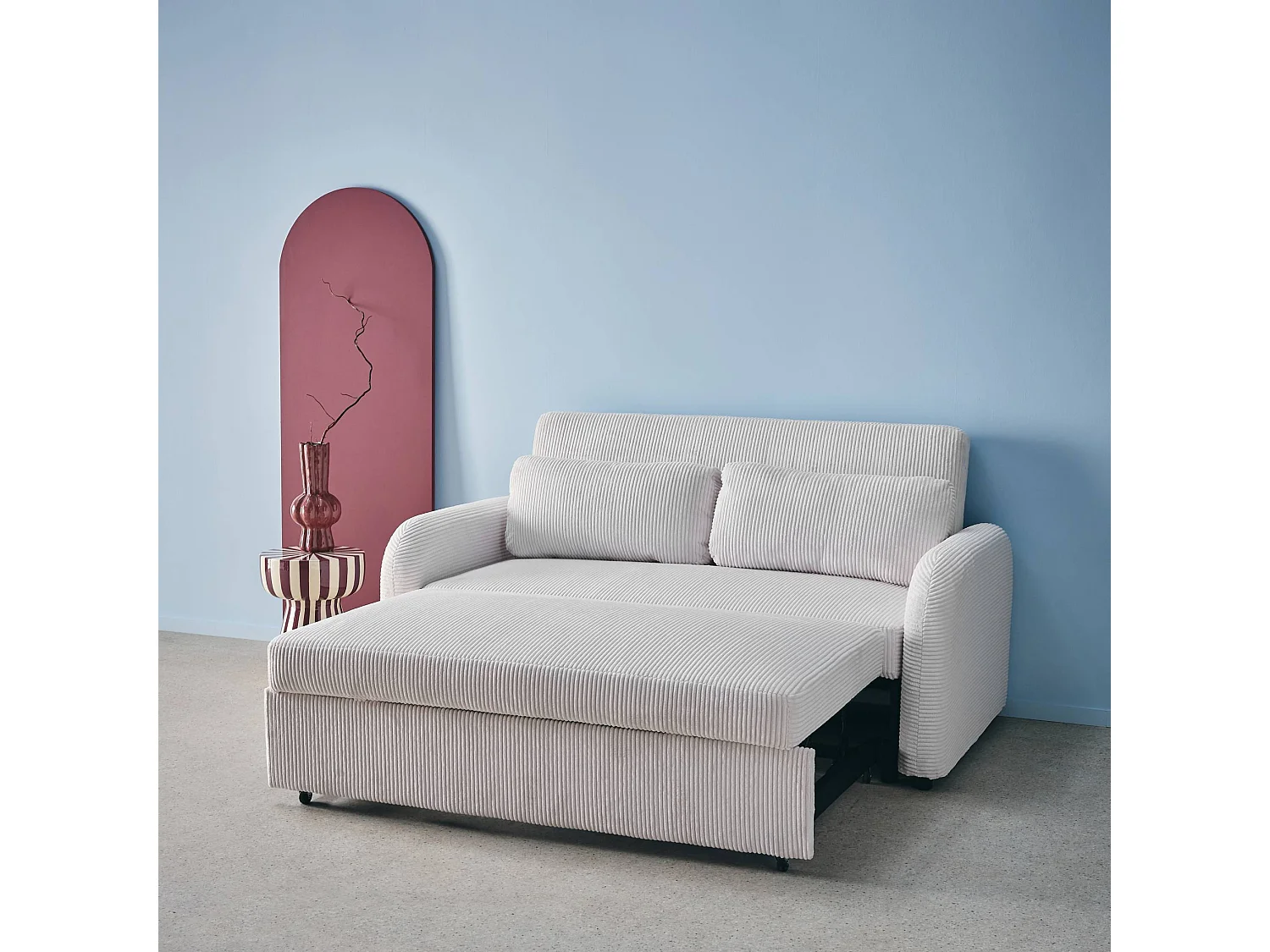 Canapé convertible arrondi 2 places velours côtelé blanc L 168 x P 90 x H 88cm - Lino