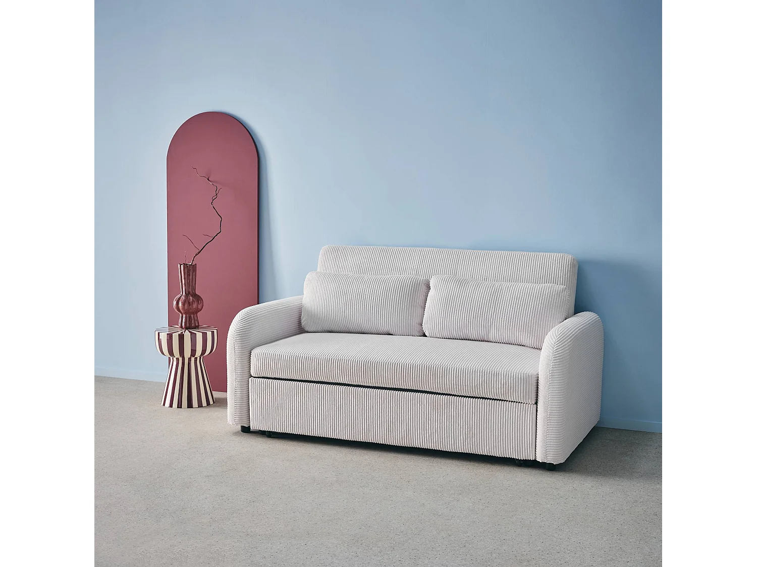 Canapé convertible arrondi 2 places velours côtelé blanc L 168 x P 90 x H 88cm - Lino