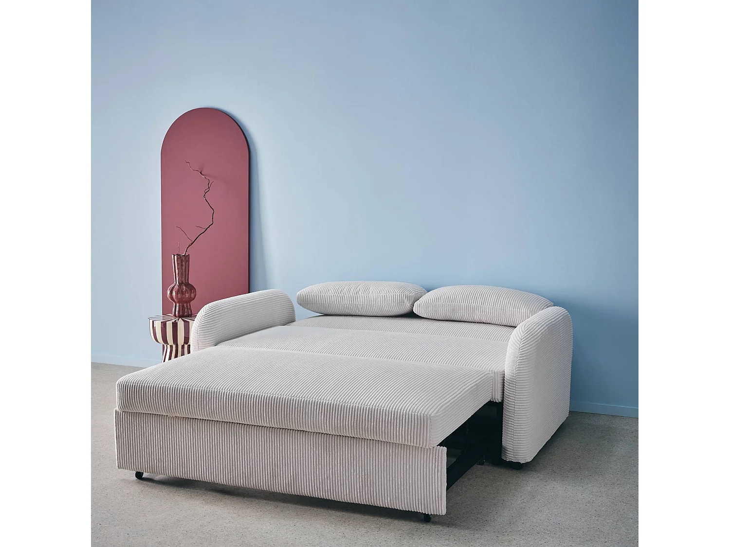 Canapé convertible arrondi 2 places velours côtelé blanc L 168 x P 90 x H 88cm - Lino