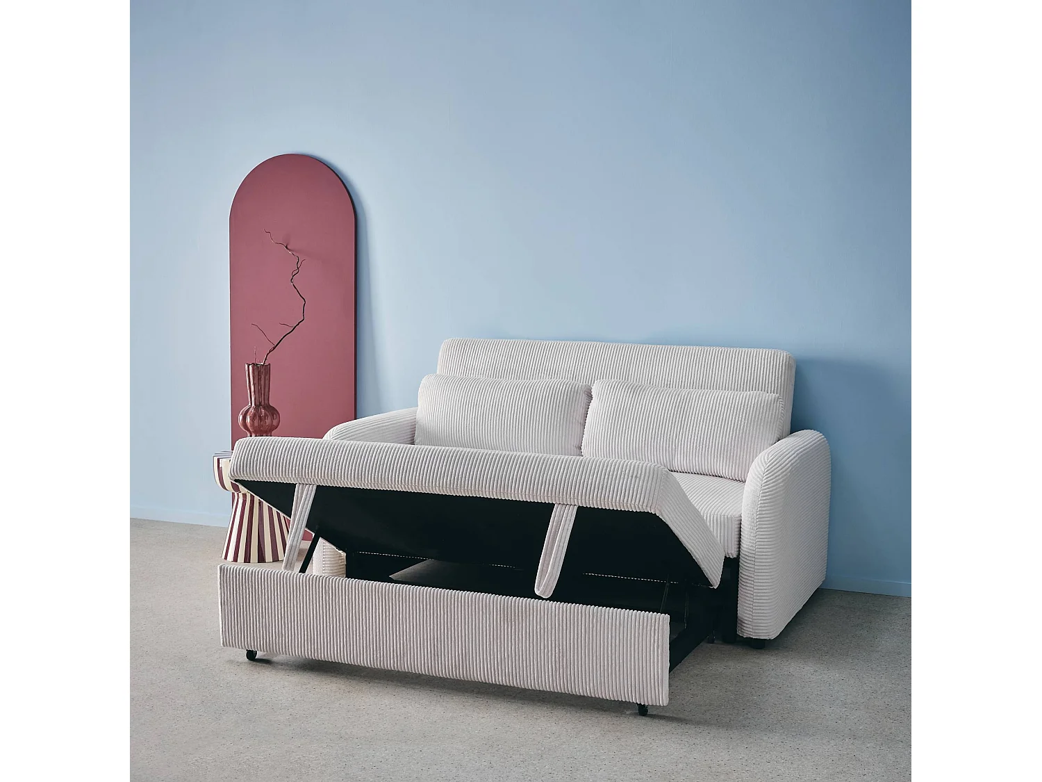 Divano letto arrotondato in velluto a coste, 2 posti, bianco