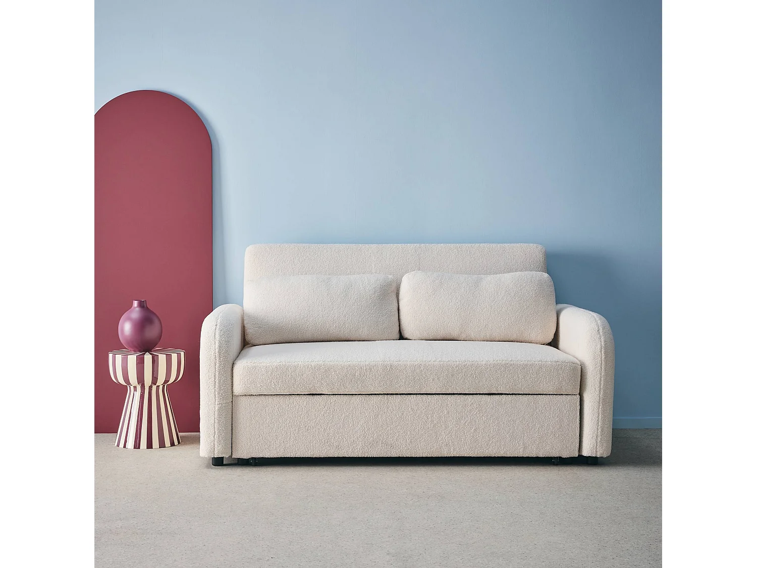 Divano letto arrotondato in tessuto bouclé, 2 posti, crema