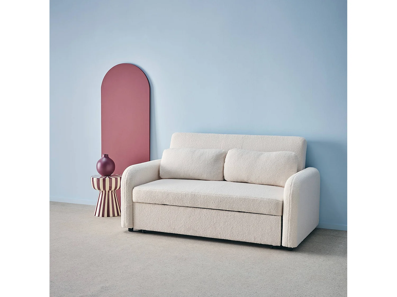 Divano letto arrotondato in tessuto bouclé, 2 posti, crema