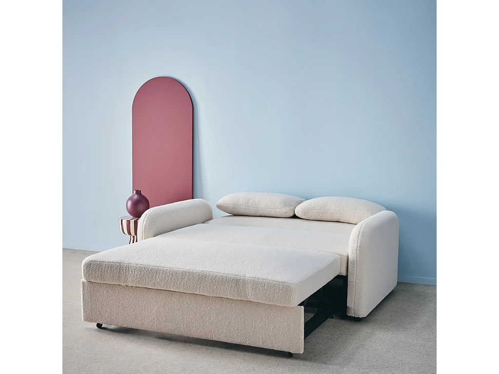 Divano letto arrotondato in tessuto bouclé, 2 posti, crema