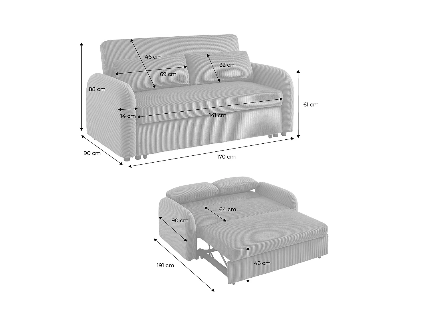 Canapé convertible express 2 places en tissu bouclette crème LINO