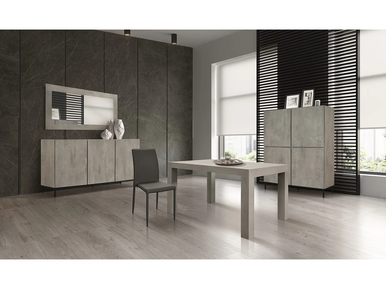 Table en bois, finition gris ciment, extensible 140x90 cm - MARZAMEMI