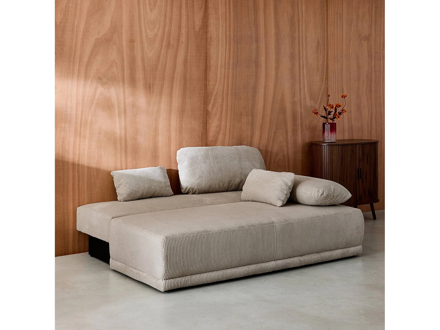 Banquette convertible 3 places velours côtelé taupe avec coffre de rangement - L 192 x P 100 x H 81cm -Nelson