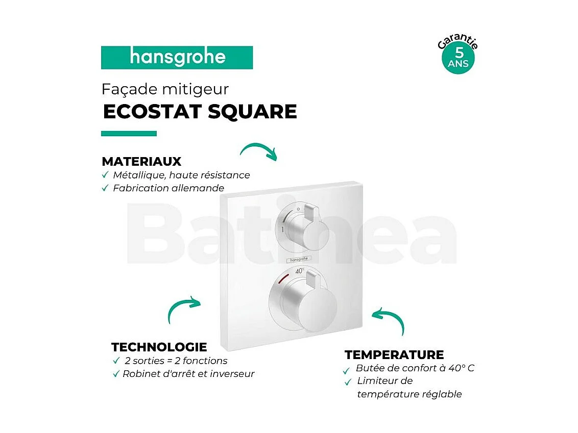 HANSGROHE Façade pour mitigeur thermostatique encastré Ecostat Square avec robinet d'arrêt et inverseur blanc mat