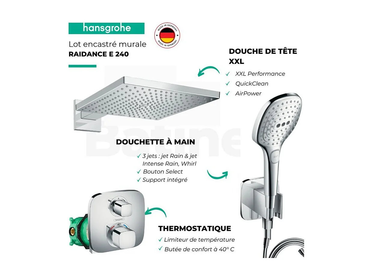 Lot robinet douche encastré thermostatique HANSGROHE Ecostat E + Douche de tête Raindance E 300