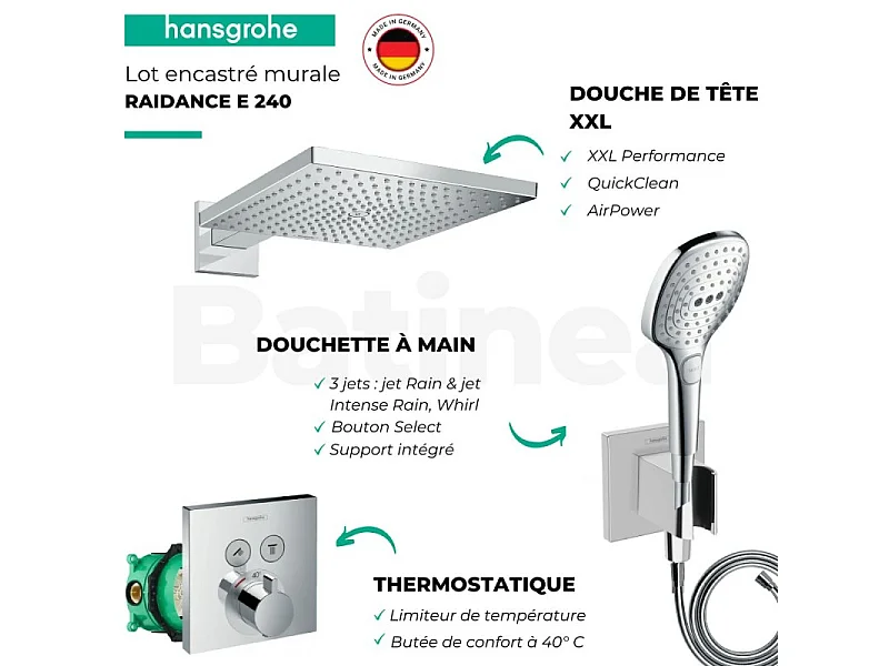 Lot robinet douche encastré thermostatique HANSGROHE ShowerSelect + Douche de tête Raindance E 300 fixation murale