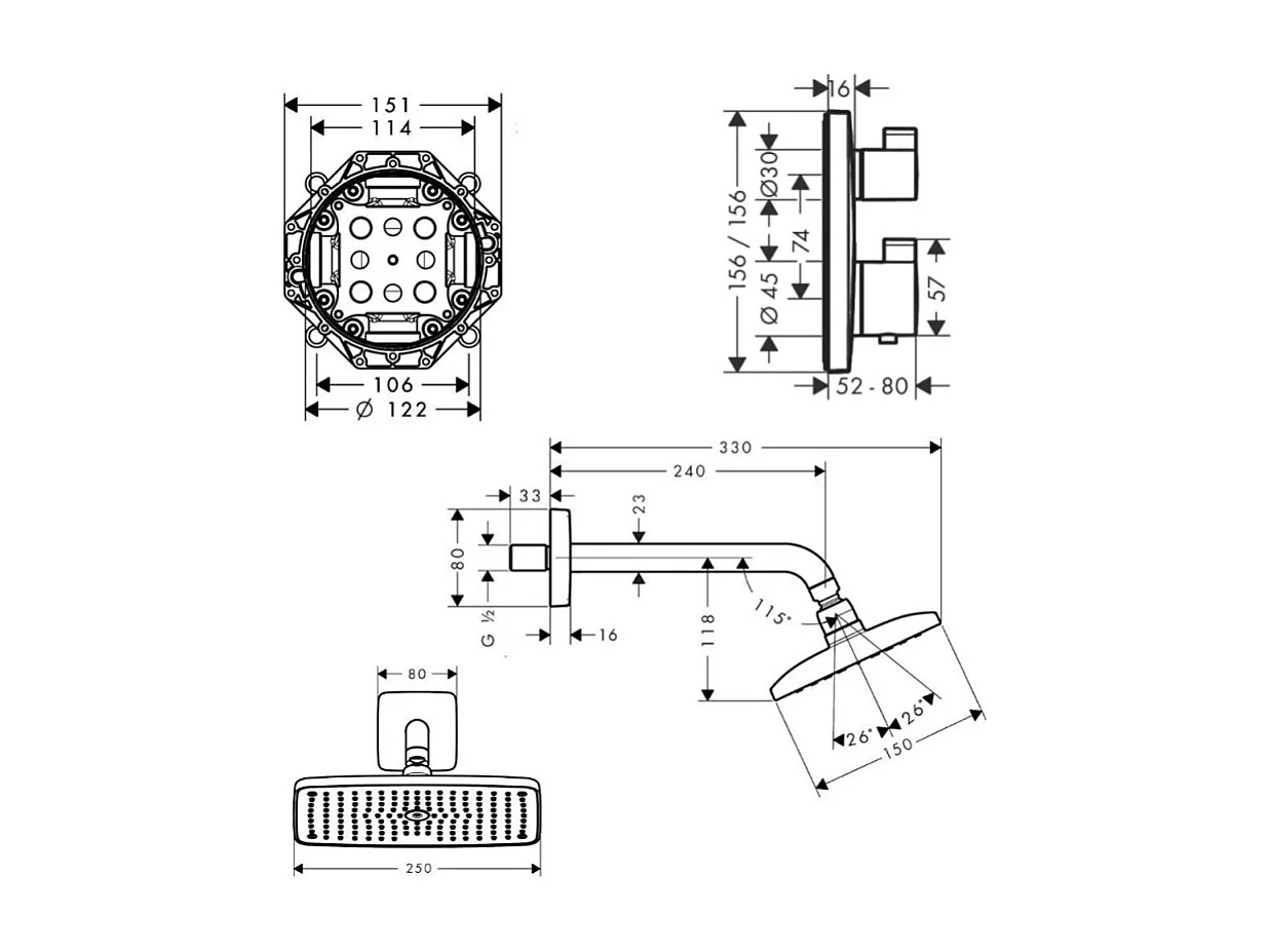 Lot robinet douche encastré thermostatique HANSGROHE Ecostat Square + Douche de tête Raindance E 240