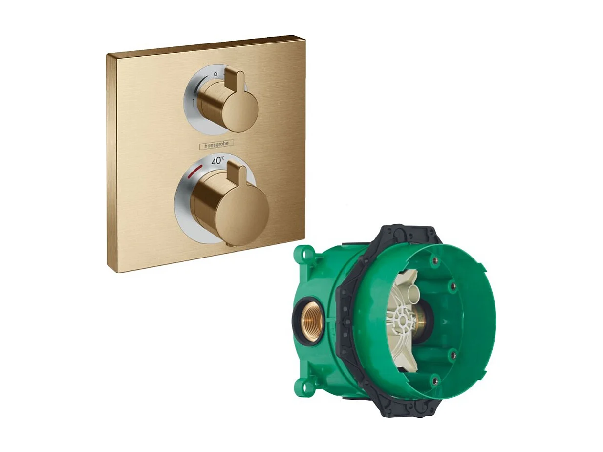 HANSGROHE Facade thermostatique encastré Ecostat Square avec robinet d'arrêt et inverseur bronze brossé + corps encastré