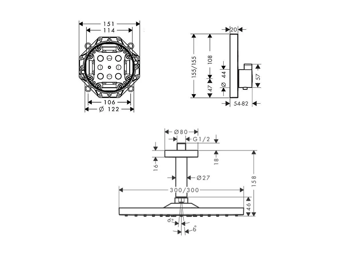 Lot robinet douche encastré thermostatique HANSGROHE Ecostat Square + Douche de tête Raindance E 300 fixation plafond
