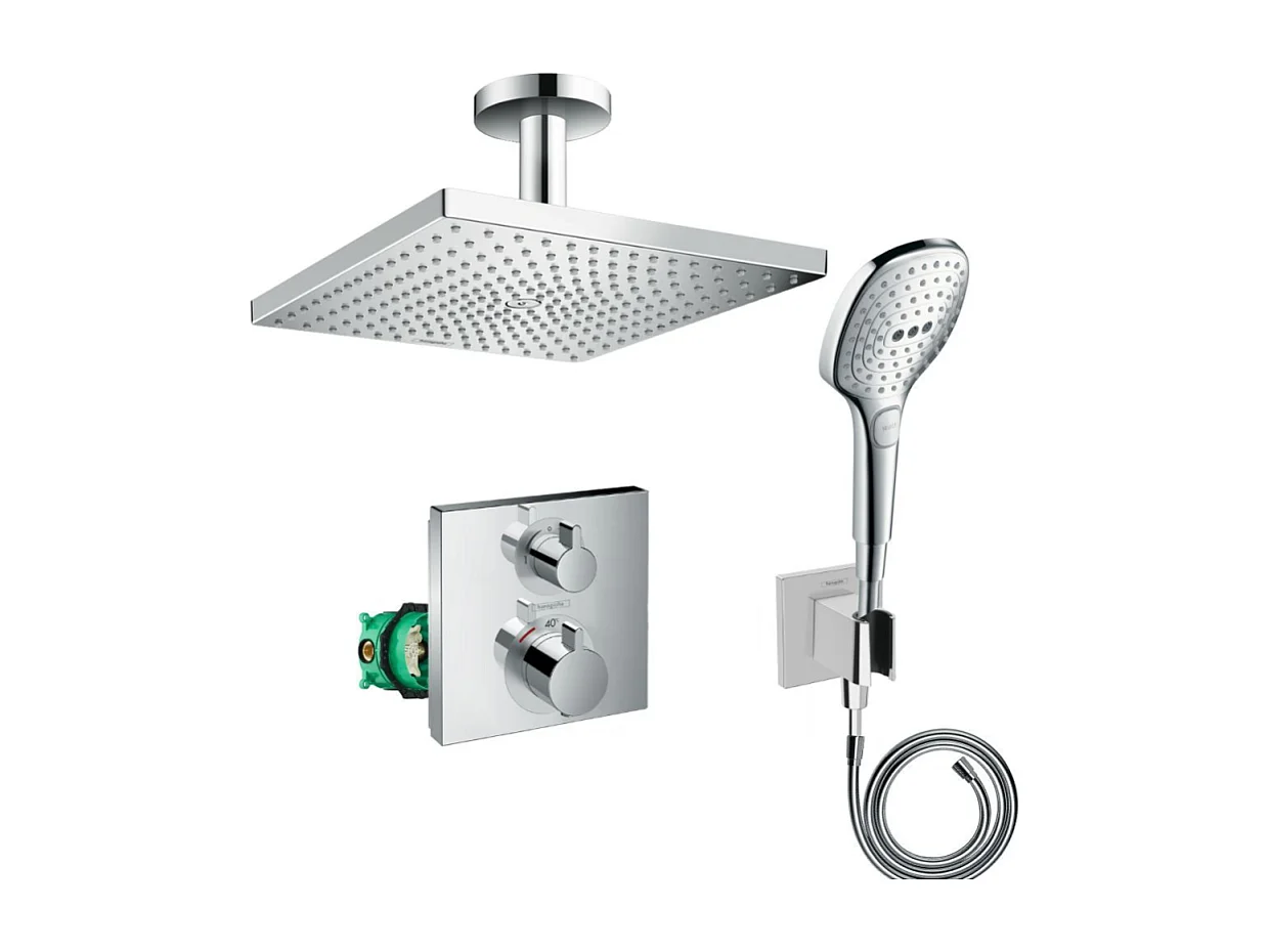 Lot robinet douche encastré thermostatique HANSGROHE Ecostat Square + Douche de tête Raindance E 300 fixation plafond